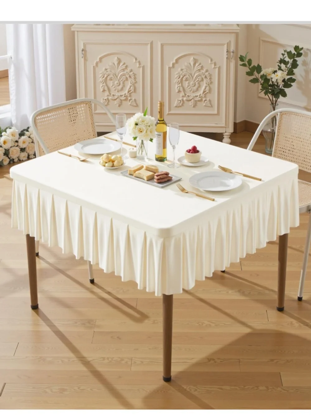 Ivory Spandex Tablecloth with Pleated Ruffle
